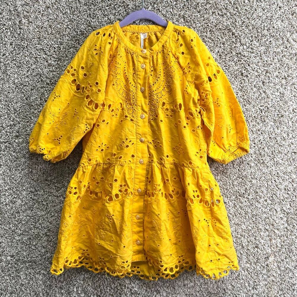 Anthropologie Dress Girls 7/8 Tallulah Yellow‎ Crochet Eyelet Lace Puff Sleeve